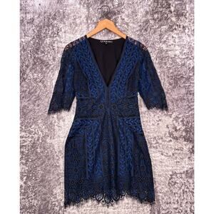 For Love & Lemons Dress Small Womens Lyla Blue Black Lace Overlay Cocktail Mini